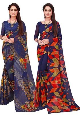 Navy Blue Floral Georgette Saree Set (Set Of 2)