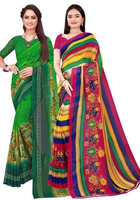 Green Embroidered Georgette Saree Set (Set Of 2)