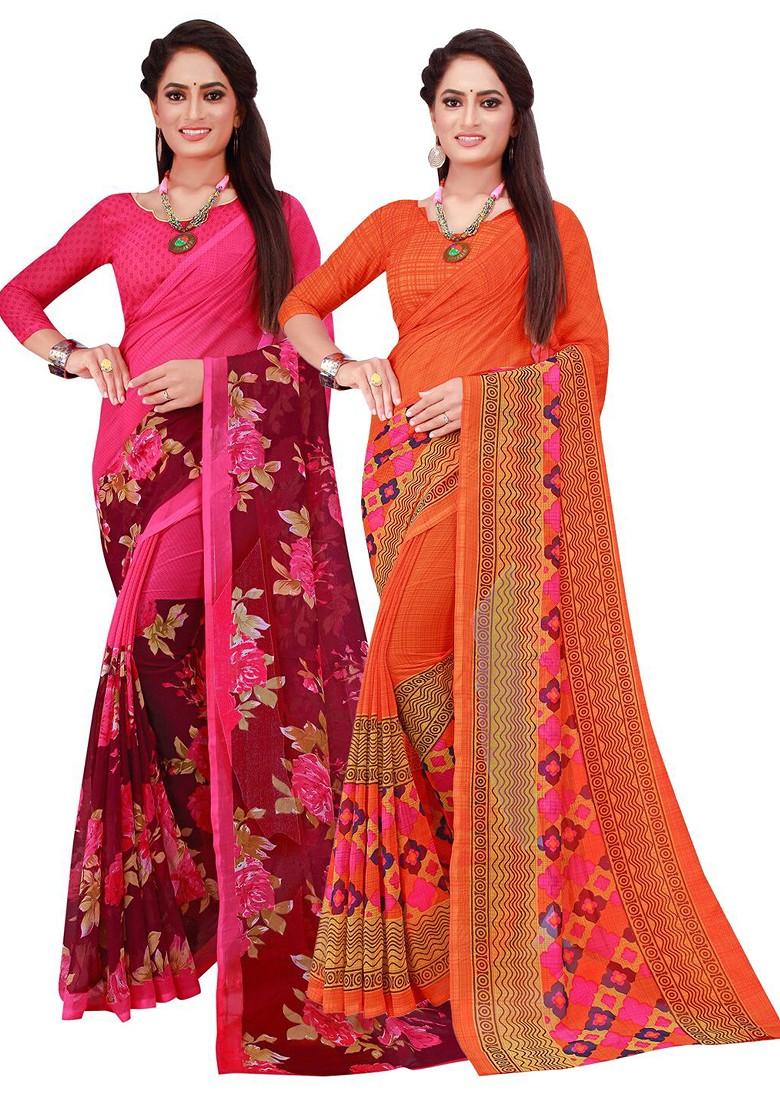 Orange Floral Georgette Saree Set (Set Of 2)