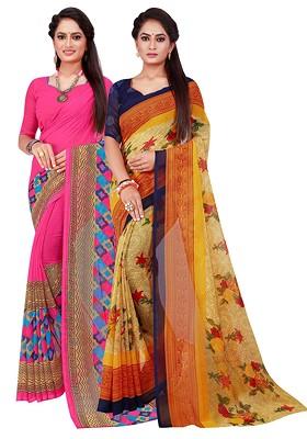Magenta Embroidered Georgette Saree Set (Set Of 2)