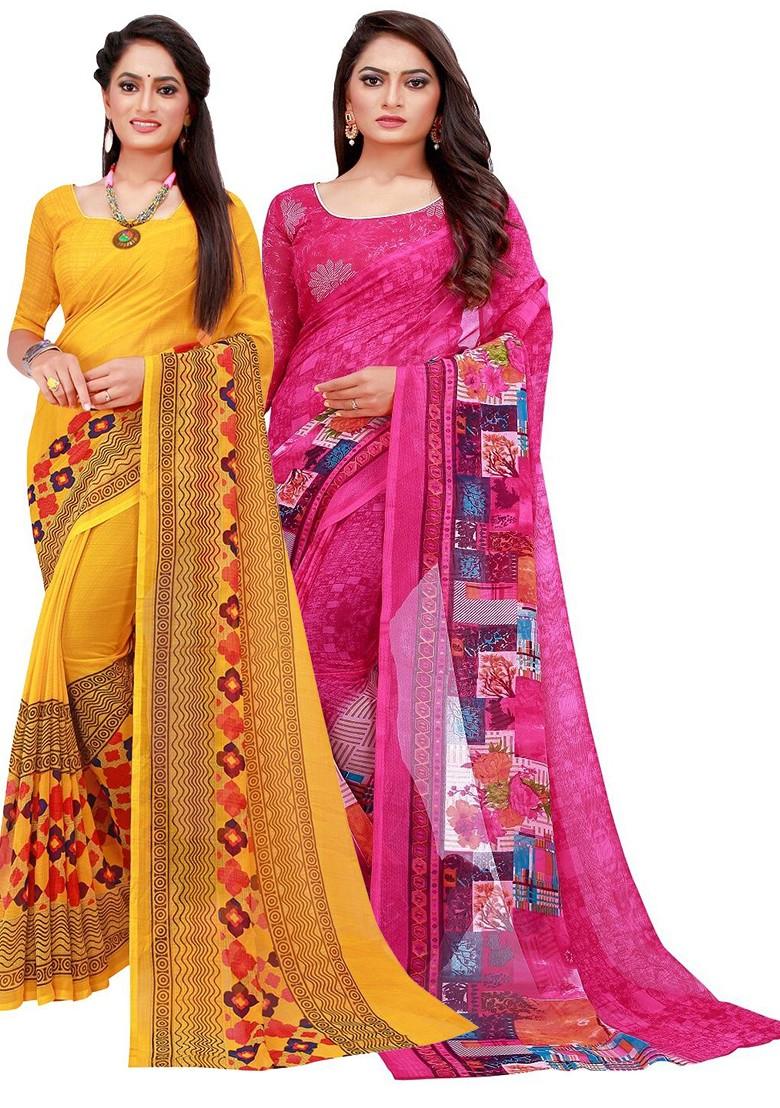 Magenta Printed Georgette Saree Set (Set Of 2)