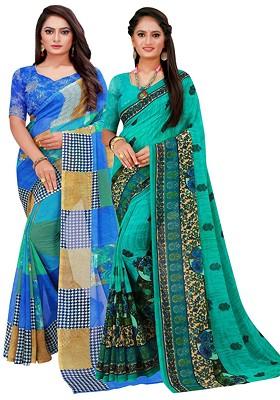 Blue Printed Georgette Saree Set