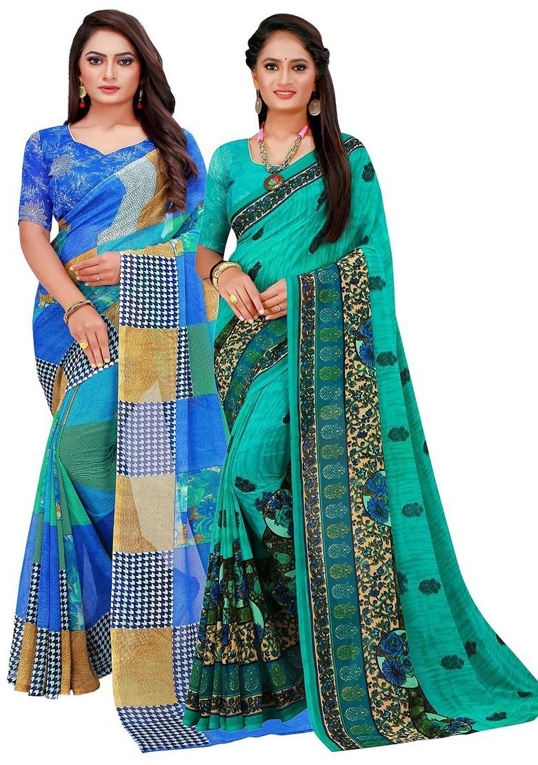 Blue Printed Georgette Saree Set