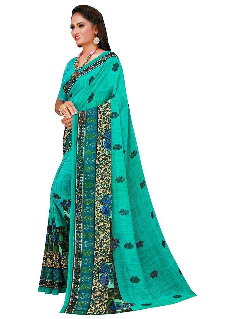 Blue Printed Georgette Saree Set