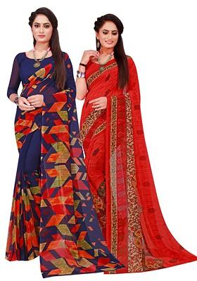 Blue Printed Georgette Saree Set (Set Of 2)