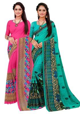 Magenta Printed Georgette Saree Set (Set Of 2)