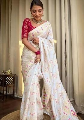 White Embroidered Silk Saree Set