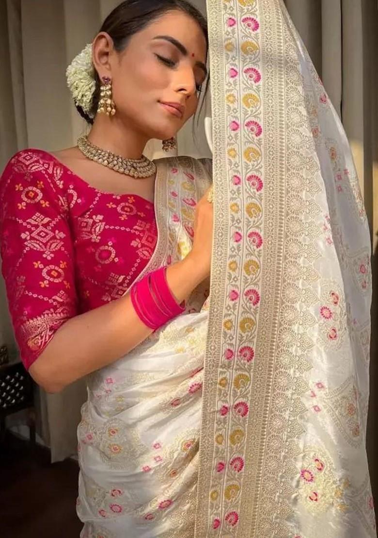 White Embroidered Silk Saree Set