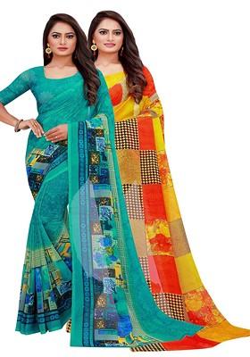 Turquoise Blue Floral Georgette Saree Set (Set Of 2)