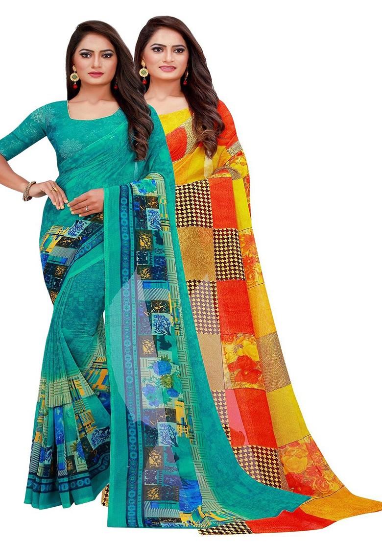 Turquoise Blue Floral Georgette Saree Set (Set Of 2)