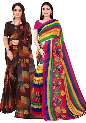Black Printed Georgette Saree Set (Set Of 2)