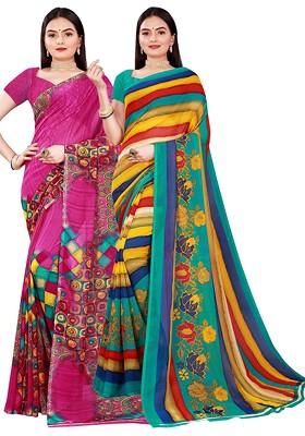 Magenta Printed Georgette Saree Set (Set Of 2)