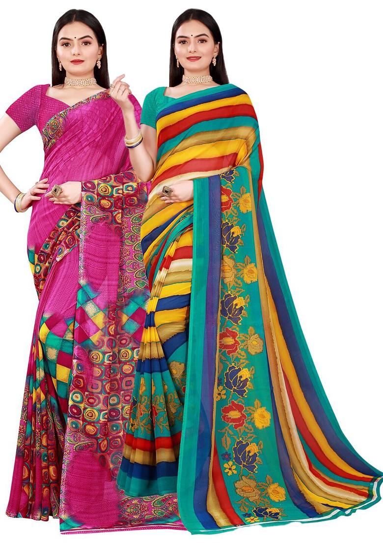 Magenta Printed Georgette Saree Set (Set Of 2)