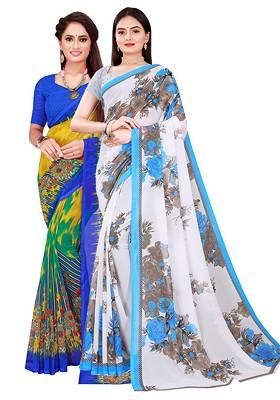 White Floral Georgette Saree Set (Set Of 2)