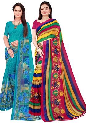 Turquoise Blue Embroidered Georgette Saree Set (Set Of 2)