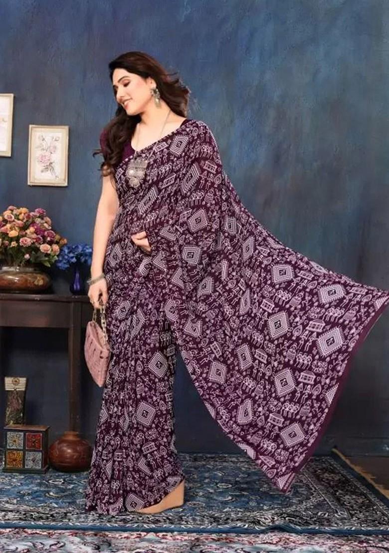 Burgundy Printed Georgette Saree Set