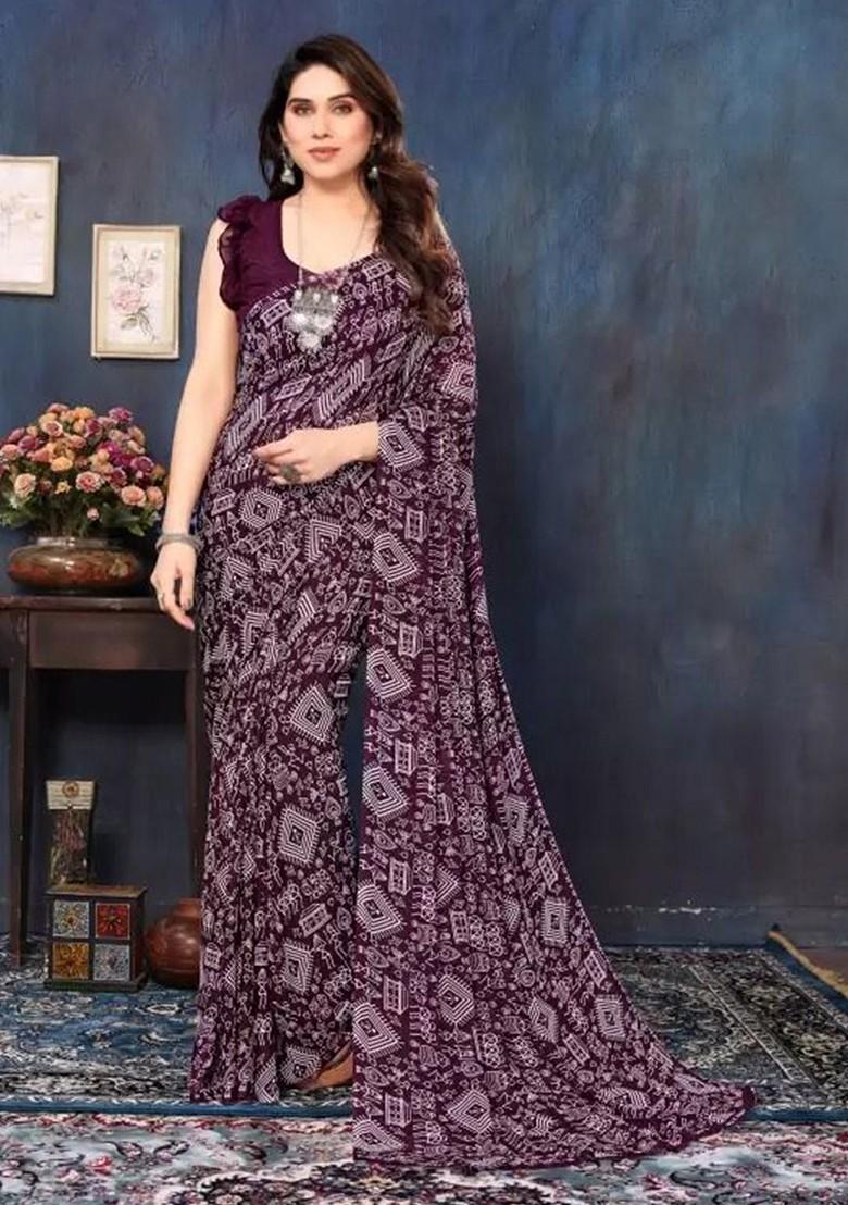 Burgundy Printed Georgette Saree Set