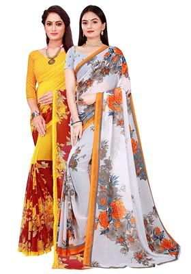 White Floral Georgette Saree Set