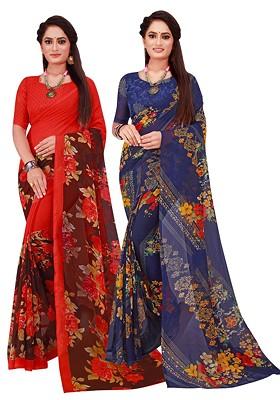 Navy Blue Geometric Print Georgette Saree Set (Set Of 2)