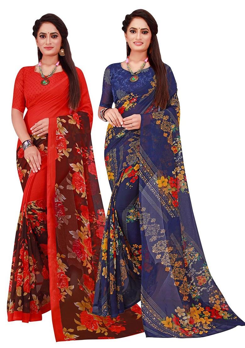 Navy Blue Geometric Print Georgette Saree Set (Set Of 2)