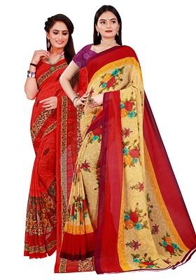 Beige Printed Georgette Saree Set (Set Of 2)