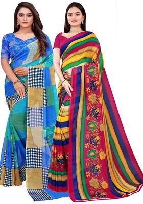 Blue Printed Poly Blend Saree Set (Set Of 2)