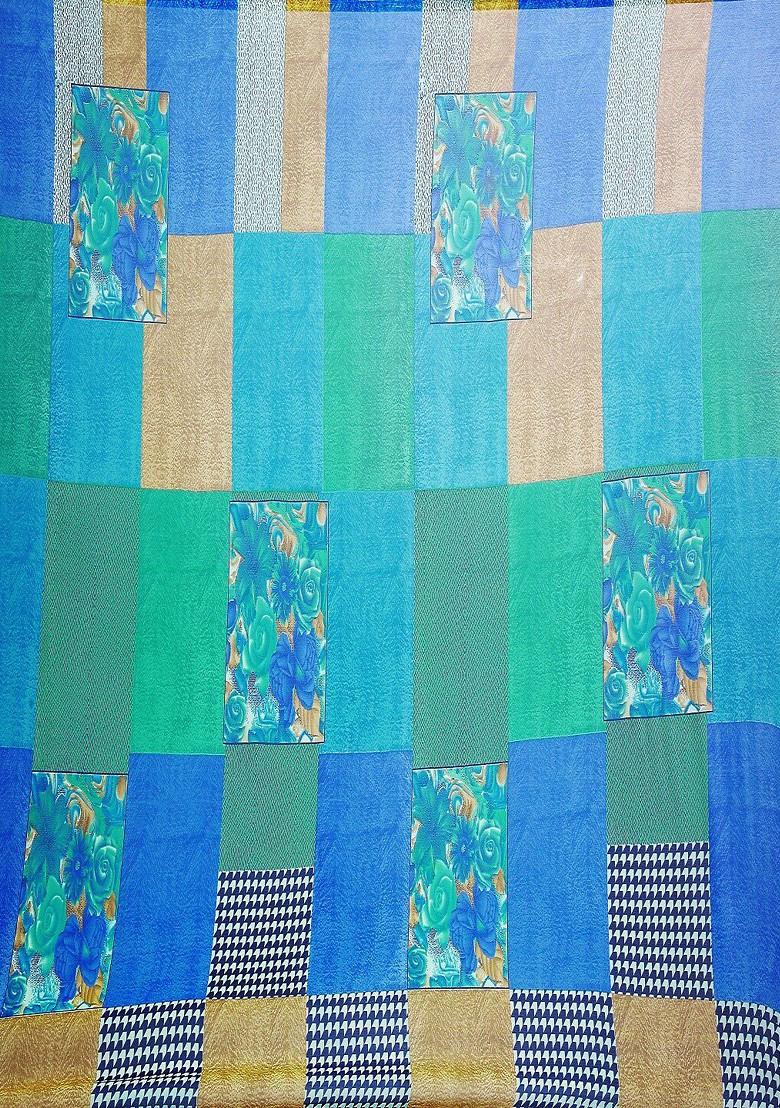 Blue Printed Poly Blend Saree Set (Set Of 2)