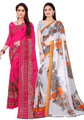 White Floral Georgette Saree Set