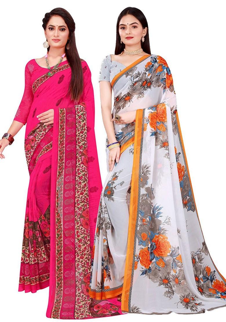 White Floral Georgette Saree Set