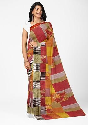 Red Printed Georgette Saree Set