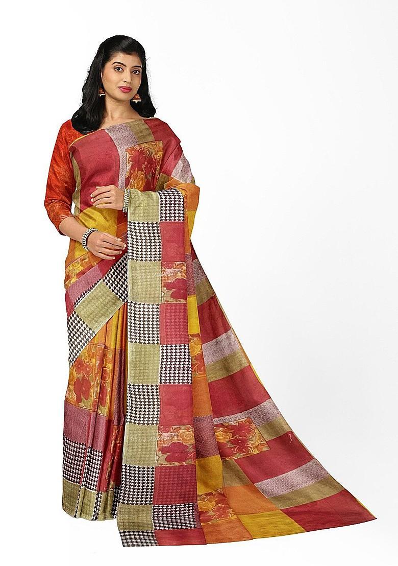 Red Printed Georgette Saree Set