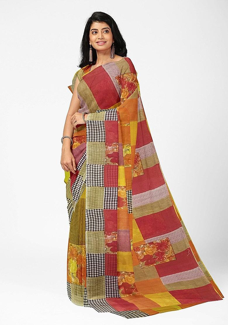 Red Printed Georgette Saree Set