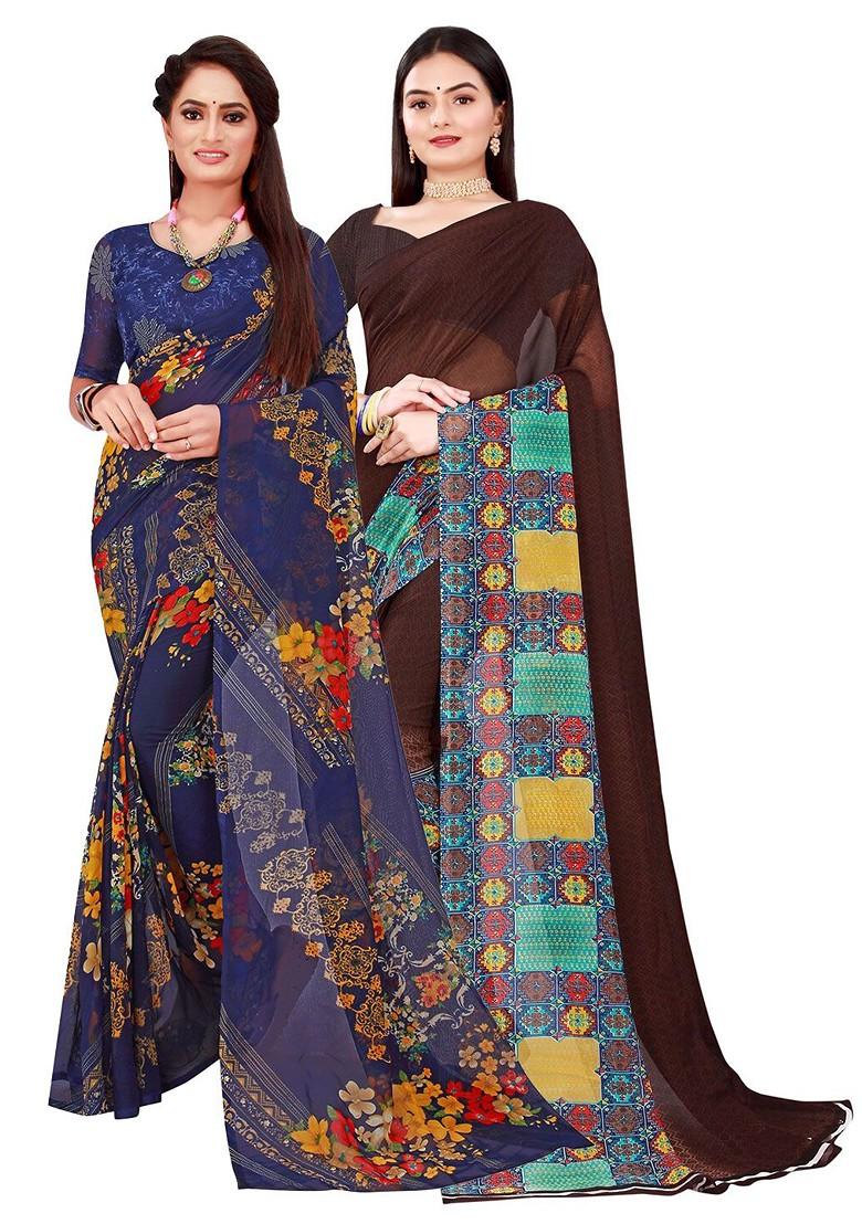 Brown Embroidered Georgette Saree Set