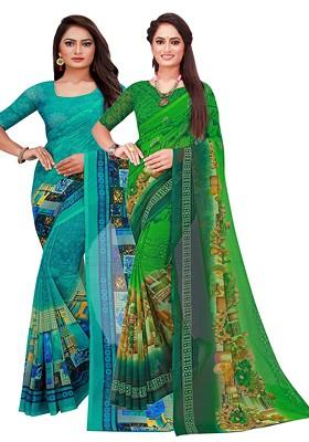 Green Floral Georgette Saree Set (Set Of 2)
