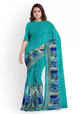 Teal Green Floral Georgette Saree Set
