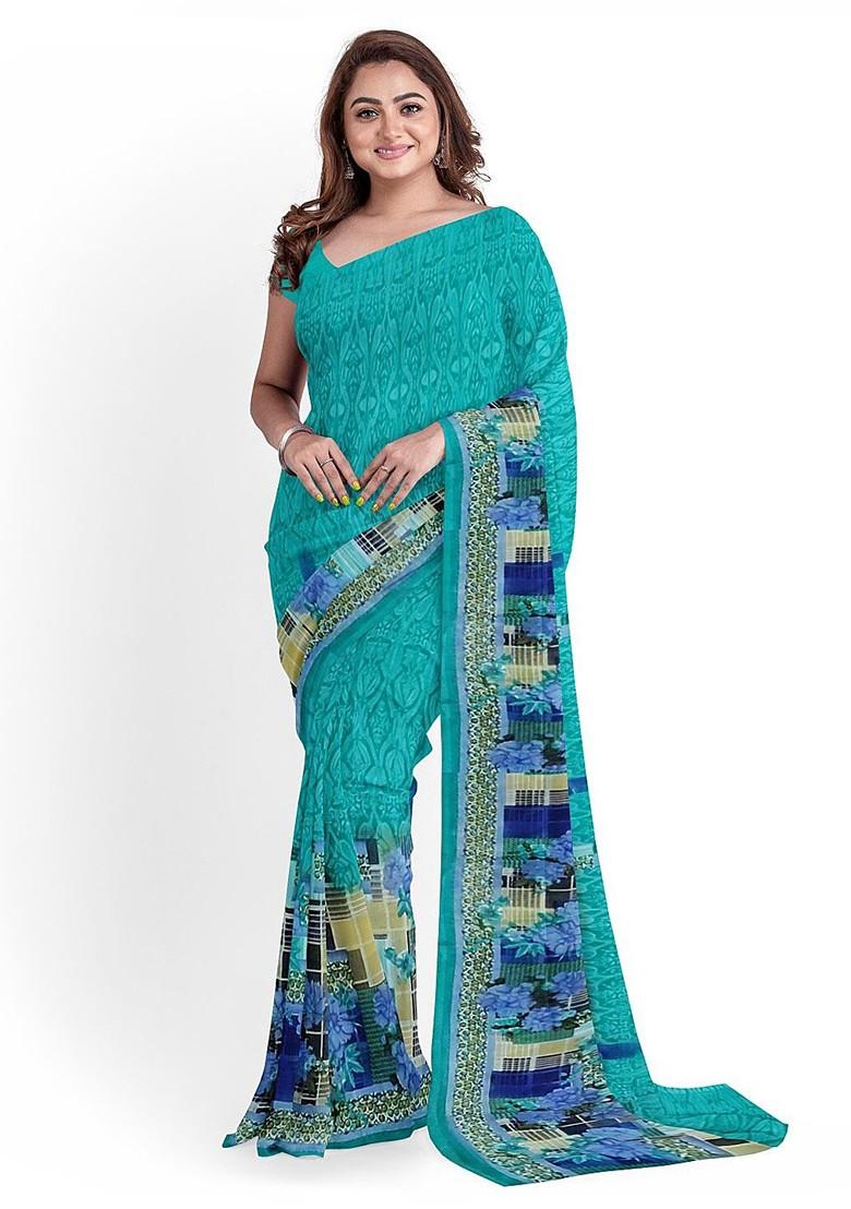 Teal Green Floral Georgette Saree Set