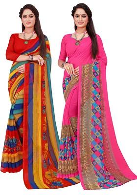 Multi Embroidered Georgette Saree Set (Set Of 2)