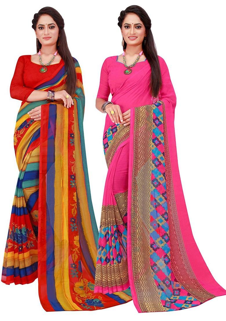 Multi Embroidered Georgette Saree Set (Set Of 2)