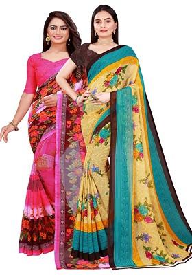Pink Printed Georgette Saree Set