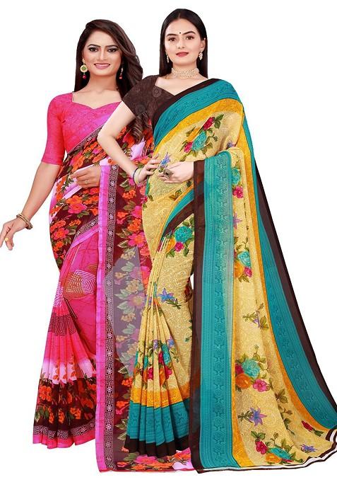 Pink Printed Georgette Saree Set