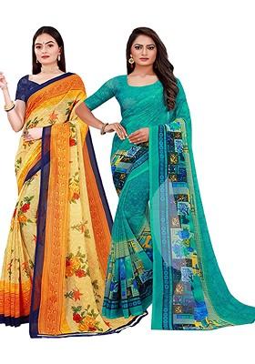Green Embroidered Georgette Saree Set (Set Of 2)