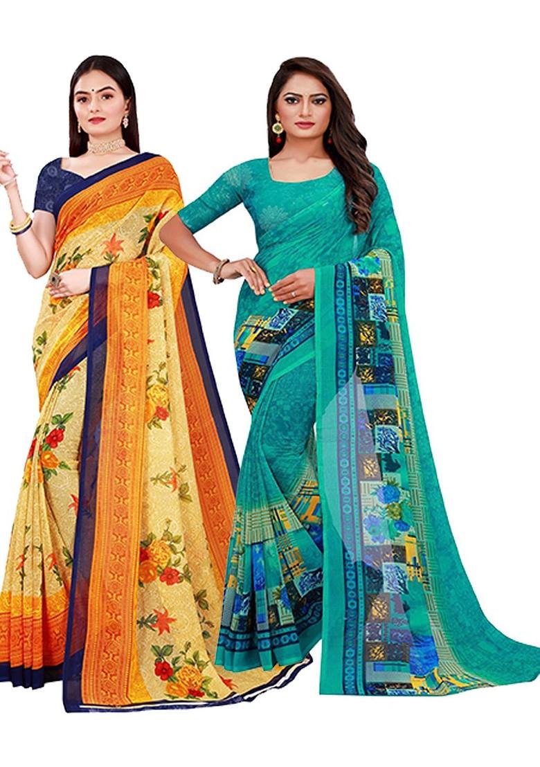 Green Embroidered Georgette Saree Set (Set Of 2)