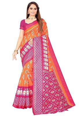 Orange Printed Art Silk Saree Set