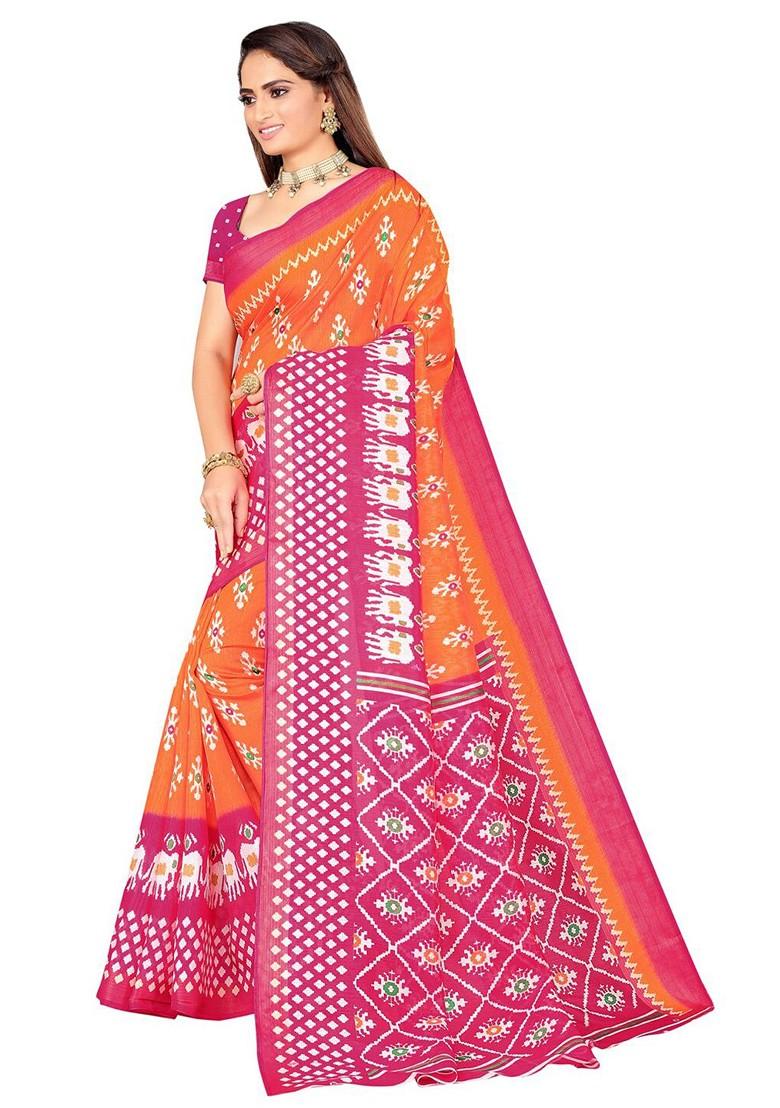 Orange Printed Art Silk Saree Set