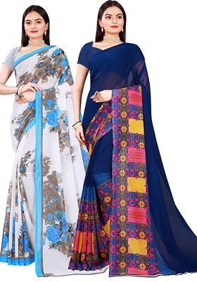Navy Blue Embroidered Georgette Saree Set (Set Of 2)