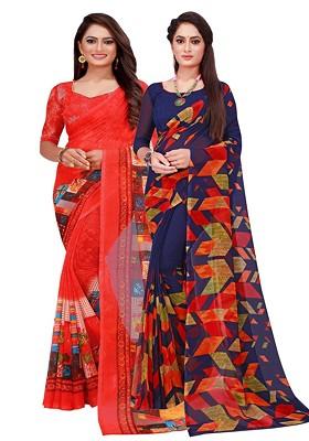 Navy Blue Printed Georgette Saree Set (Set Of 2)