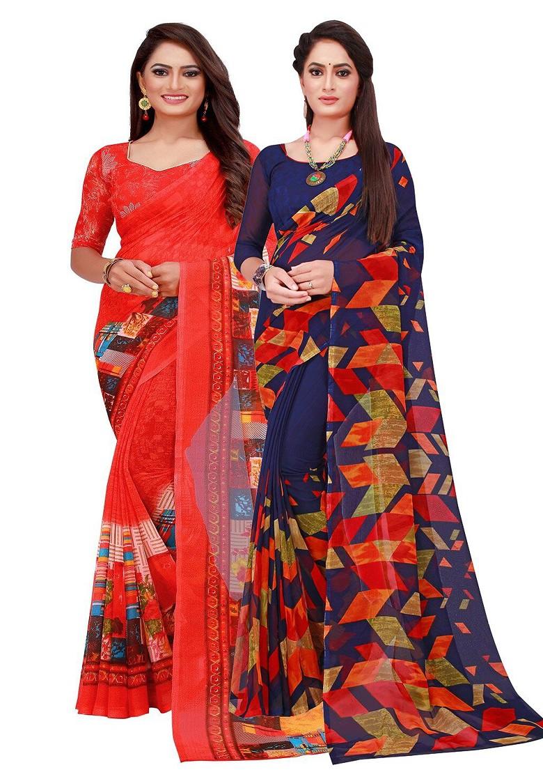 Navy Blue Printed Georgette Saree Set (Set Of 2)