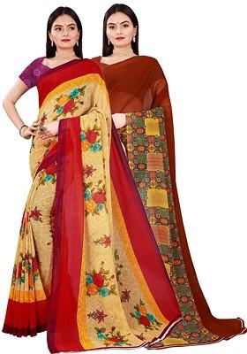 Beige Embroidered Georgette Saree Set (Set Of 2)