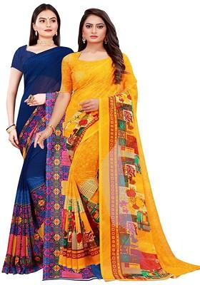 Navy Blue Embroidered Georgette Saree Set (Set Of 2)