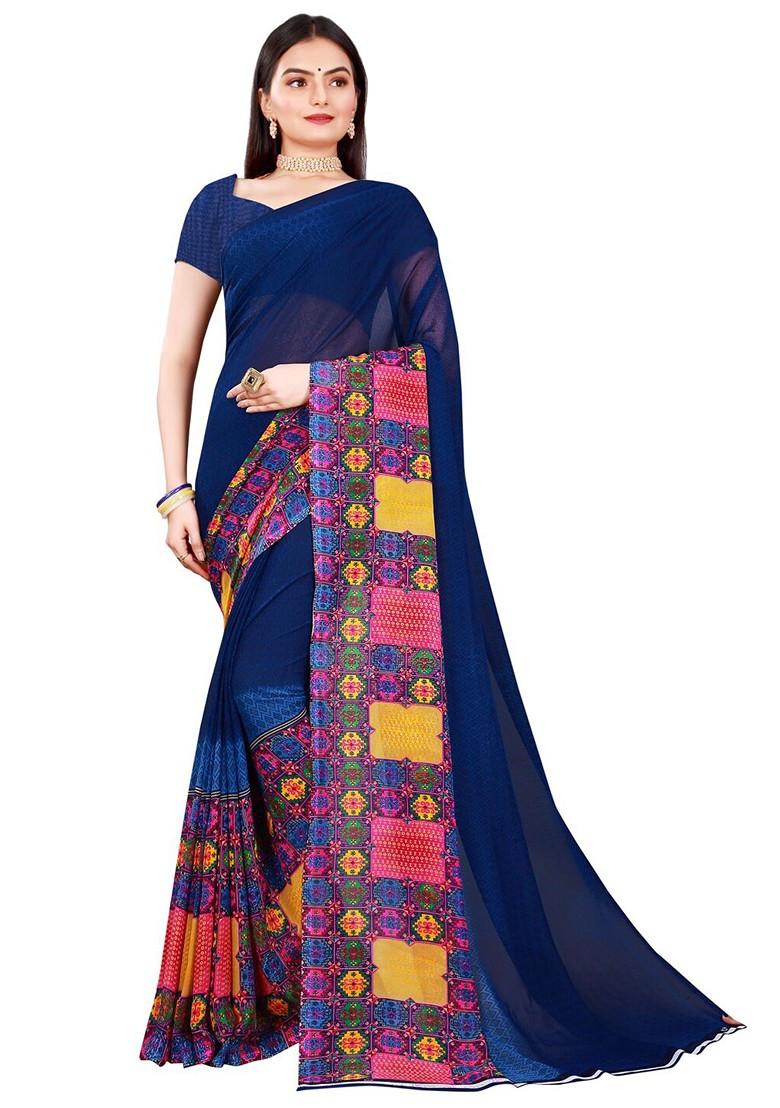Navy Blue Embroidered Georgette Saree Set (Set Of 2)